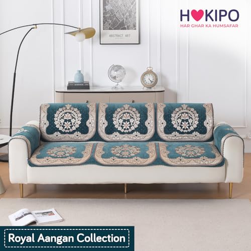 Image of HOKIPO Shahi Teal Premium Chenille Jacquard Sofa Cover for 3 Seater for Seat & Back, 'Royal Aangan Series' (IN-1008-L2*2)