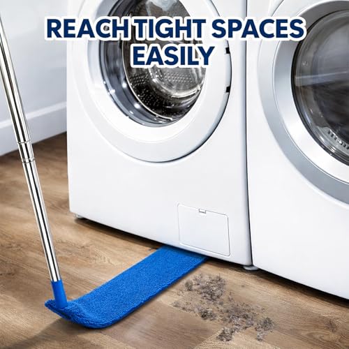 Image of Retractable Gap Dust Cleaner with Extension Pole & 3 Microfiber Cloths | Cleaning Tools with 3 Microfiber Dusting Cloths | Long Handle Duster 30-100'' | Under Refrigerator Furniture Appliance Blue