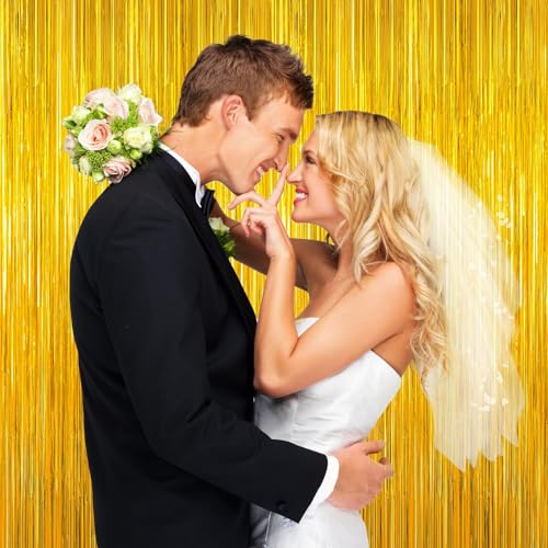 Image of Gold Tinsel Backdrop Birthday Decorations, 2Pack Foil Curtain Backdrop Gold Streamers Dance Party Decorations Photo Booth Props for Bachelorette Decors Christmas Halloween New Years Eve Party Supplies