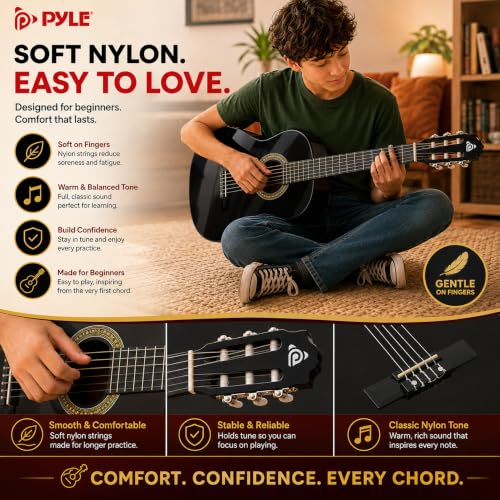 Image of Pyle 30-Inch Beginner Acoustic Guitar Kit, 1 /4 Size Junior Classical Nylon String Guitar for Kids and Adults, Includes Gig Bag, Strap, Spare Strings, Picks, Cleaning Cloth, 18 Frets, Onyx