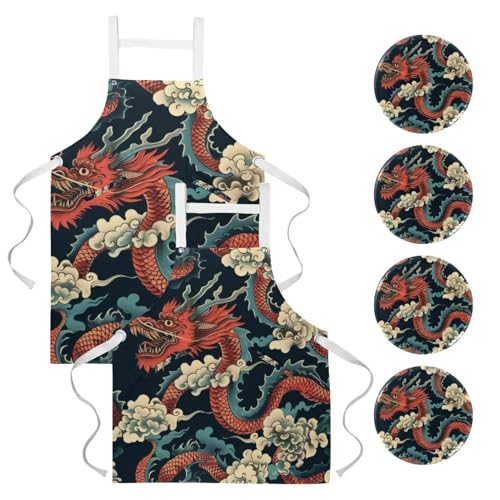 Lot de 2 tabliers de cuisine avec motif dragon chinois bleu pour la pâtisserie et le bistrot