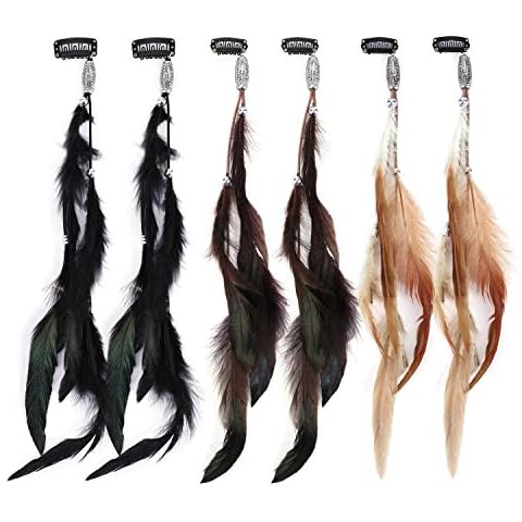 MWOOT Feather Clip in Hair Extension 6Pcs, Handmade Feather Hair Clips, Hippie Hair Headwear, Halloween Cosplay Hairpin Tassel Headdress Accessories Cover