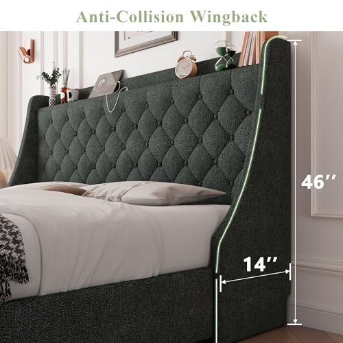 Image of Feonase Queen Bed Frame with 4 Storage Drawers, Upholstered Storage Bed with Charging Station, Tufted Wingback Headboard, No Box Spring Needed, Dark Grey