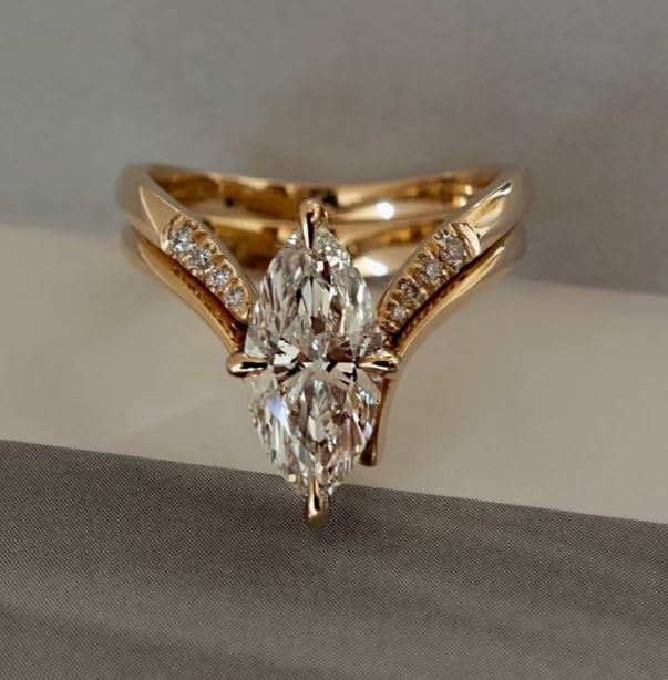 3 CT Marquise Cut Engagement Ring Set Vintage Diamond Solitaire Ring Set With Unique Matching 14K Solid Gold Plated Wedding Band For Women,Gifted For Her,Size 3-12.3