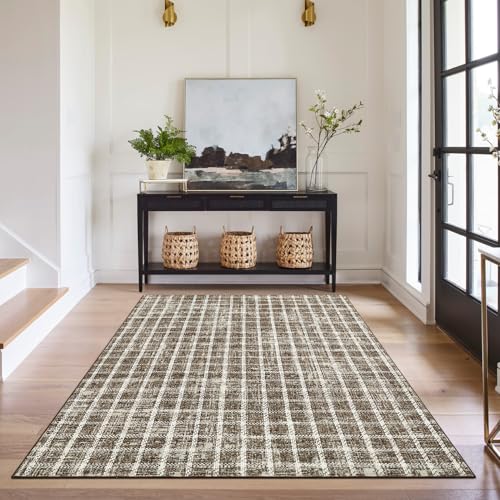 MilleLoom 5x7 Area Rug for Living Room, Modern Checkered Print Non Slip Bedroom Rugs Washable Low Pile Large Dining Room Carpet Indoor Stain Resistant Floor Cover for Home Office, Taupe by MilleLoom - Used condition - Image 4