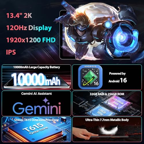 Image of 13 Inch Tablet, 2026 Android 16 Tablet with Keyboard, 32GB+256GB+2TB Expand, Gemini AI Tablets PC with 8-Core, 10000mAh, 120Hz 1920x1200 Display, 2 in 1 Large Tablets with Case, Mouse, Stylus(Black)