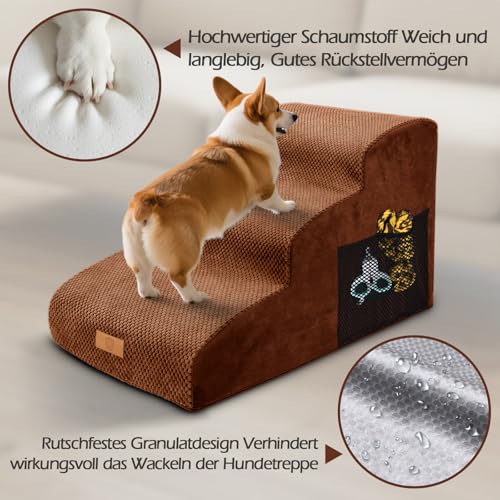 Eukue Hundetreppe 3 Stufen, Hundetreppen für Kleine Hunde und Katzen, Tragbare Hunderampe für Bett und Sofa, Hochdichtem Schaum Haustiertreppe mit Bezug und Tasche, Braun