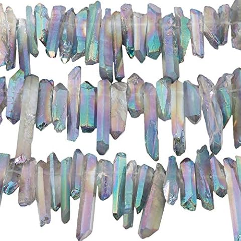 TUMBEELLUWA Rock Quartz Crystal Points Loose Beads for Jewelry Making, Titanium Coated Polished/Raw Quartz Points Beads 15 Inches Top Drilled Cover