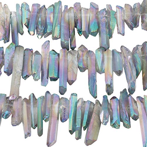 TUMBEELLUWA Rock Quartz Crystal Points Loose Beads for Jewelry Making, Titanium Coated Polished / Raw Quartz Points Beads 15 Inches Top Drilled,Grey Crystal Points(0.45"-1.35")