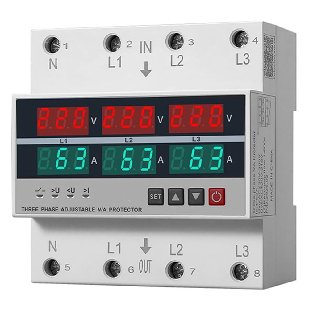 Aundhegrtt As Shown 3 Phase Over And Under Voltage Protector Overcurrent Protection 63A/100A 3 Phase Over And Under Voltage Protector 63A
