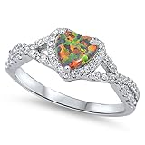 Mystic Simulated Opal Twisted Double Shank Heart Ring Sterling Silver Band Size 10