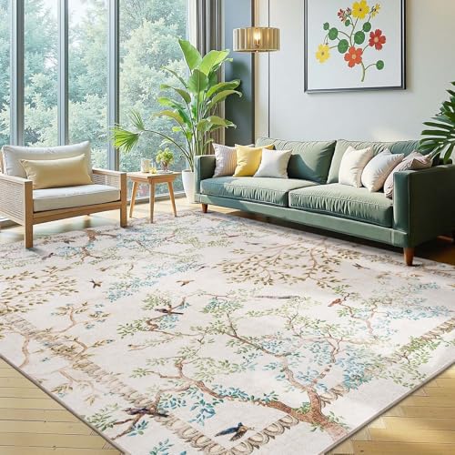 jinchan Botanical Birds 8x10 Ivory Area Rugs for Living Room Washable Non Slip Soft Nature Plants Modern Kids Carpet Vintage Ultra Thin Low Pile Indoor Rug for Bedroom Dining Room Nursery Playroom