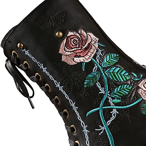 TinaCus Handmade Women's Genuine Leather Ethnic Embroidered Floral Round Toe Low Chunky Heel Front Lace Up Combat Boots Shoes4