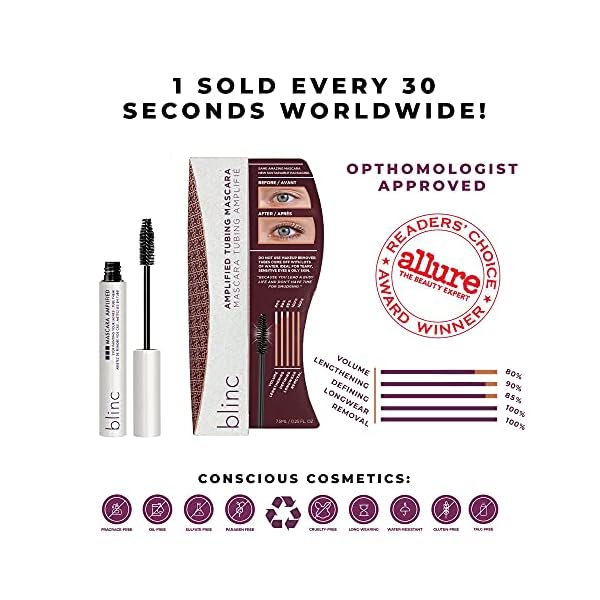 Blinc Amplified Tubing Mascara, Ultra-Longwearing Washable, Soft-Glam Volumizing, Lengthening and Defining, Gluten & Cruelty Free, Black, 9mL / 0.30 Fl. OZ