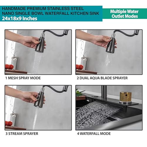 Image of LUXART Waterfall Anti-Scratch Multifunctional Kitchen Sink - 24x18x9 Inch Honeycomb Design Multifunction Sink With Pull Down Faucet, Cup washer & Drain Baskets | Stainless Steel Modern Kitchen Sink