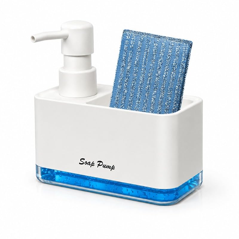 Dispensador Jabon Cocina y 1 Estropajo Antirayaduras | 2 en 1 | 440 ml | Jabonera Cocina con Uso de Una Mano y Organizador de Fregadero para tú Encimera de Cocina | Blanco