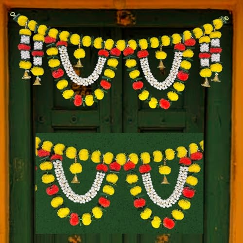Image of iHandikart Handmade (40 * 12 Inch) Jasmine & Marigold Bandanwar with Green Leaves and Golden Bells Traditional Door Bandanwar for Makar Sankranti, Lohri, Festive Home & Housewarming Decor (B0070)