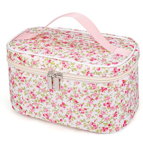 BABORUI Quilted Makeup Bag – Large Travel Cosmetic Bags for Women, Cotton Padded Toiletry Organizer with Compartments – Lightweight & Durable for Travel or Daily Use