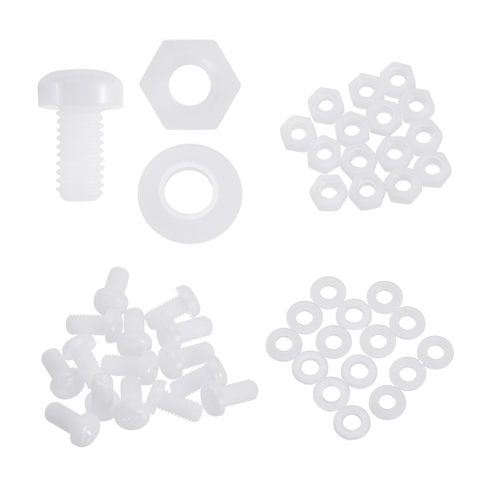 sourcing map 15 Set M6x10mm Nylon PA66 Plastic Cross Round Head Screw Phillips Bolts Hex Nuts Flat Washers Assortment Kit, Metric Full Thread Bolt Fasteners for DIY Machine Assembly, White