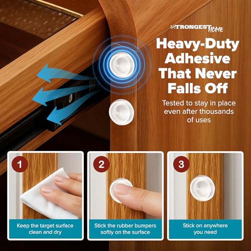 Image of STRONGEST HOME Cabinet Door Bumper 200 Pack Clear Rubber - Self Adhesive Stoppers for Quiet Close Protection - Drawer Pads for Furniture and Surface Cushioning - 0.5 x 0.2 Inch