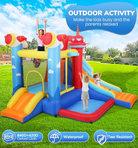 Inflatable Bounce House Water Slide, 7-in-1 Bouncy Castle Combo Water Pool & Bouncing Area & Slides & Basketball Game & Dart Game, Jump House for Kids Aged 3-10 w/Storage Bag, Orange - Image 5