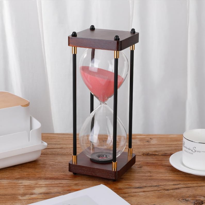 Aartner transparent Hourglass Timer 60 Minutes, Metal Wooden Frame Decorative Hourglass Black Sand, Home & Kids Room Large Gift for Adults and Kids (Pink)