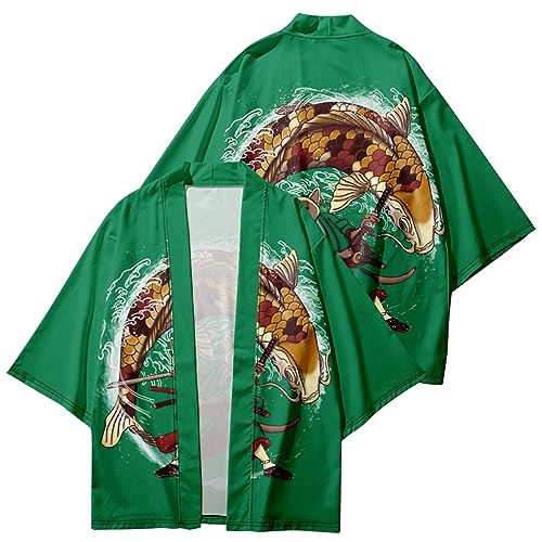 Image of DOSLAVIDA Men's Japanese Kimono Cardigan Suit Chinese Style Printed Jacket Pants Set Open Front Seven Sleeve Top & Shorts