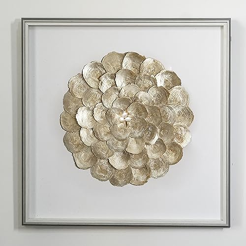 Flower shaped natural shell framed shadow box wall art Modern coastal indoor wall décor handcraft for home decoration 24'x24'/gold (large)