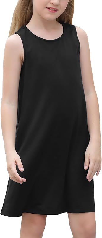 GORLYA Girls Casual Shift Tank Dress with Pockets 4-14Y | Loose swing tank dress with side pockets, sleeveless style, ideal for school, beach, and casual summer wear.