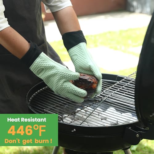 Image of GEEKHOM BBQ Gloves Heat Resistant Oven Mitts - Silicone Grilling Gloves with 13.7 inch Arm Protection - Waterproof Pot Holder Non-Slip for Men & Women, Kitchen Outdoor Cooking, Baking, Camping, Mint Green