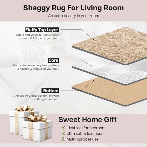 Aspire Homeware Fluffy Bedroom Rug – Small Beige Area Rugs 50x80 cm for Living Room Plush Carpet Modern Soft Shaggy Pile Faux Fur Rug for Home