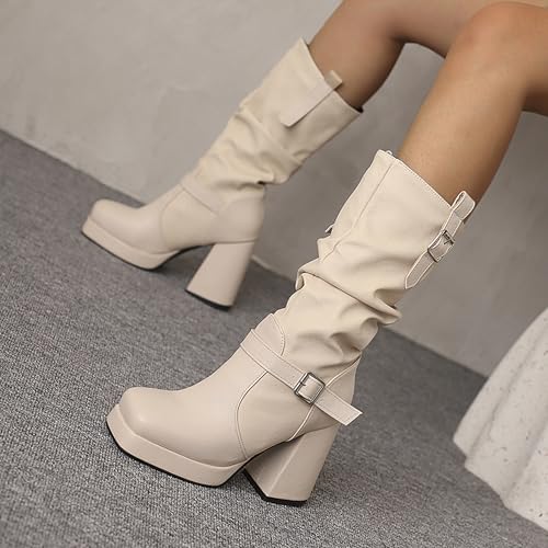 Bottes mi-mollet slouch anti-fatigue à talon bloc large et plateforme