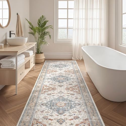 Runner Rug Kitchen Washable Rugs: 3x10 Non-Slip Boho Vintage Distressed Stain Resistant Indoor Neutral Farmhouse Throw Carpet for Hallway Bathroom Laundry Room Entryway Bedroom- Beige Blue