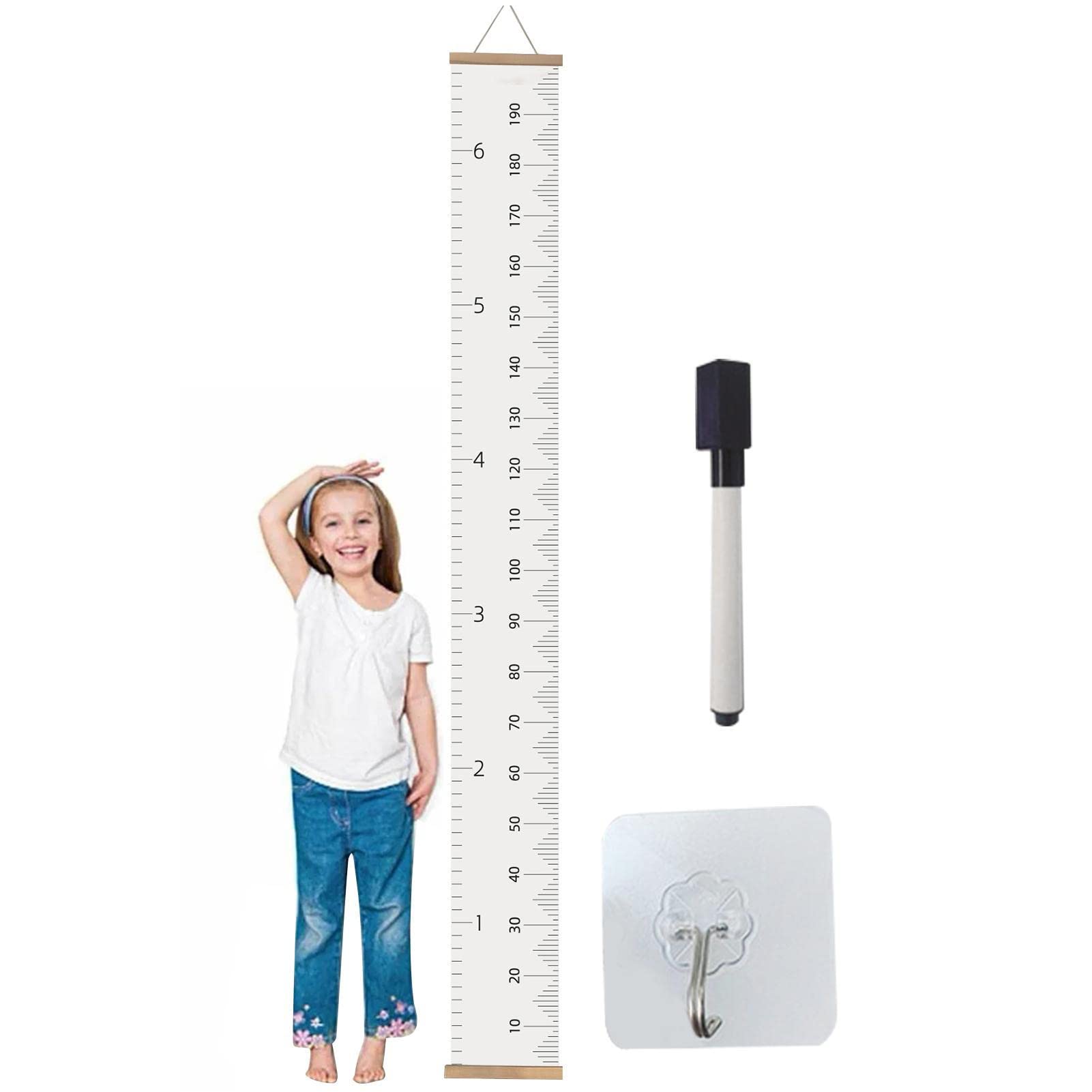 Jomewory Kids Growth Height Chart, Wood Frame Height Measure Chart, Canvas Removable Growth Height Chart for Interior Walls, Dorm, 200cm, with Hook and Whiteboard marker