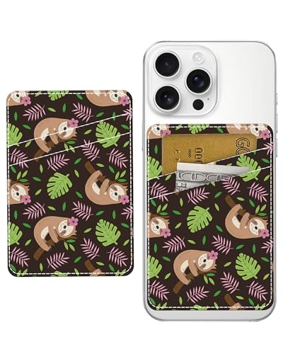 AOHRO Phone Card Holder, Dual Pocket Leather Phone Wallet Adhesive Stick On, Cute Card Holder, Credit Card Holder for Phone Case Smiling Sloth