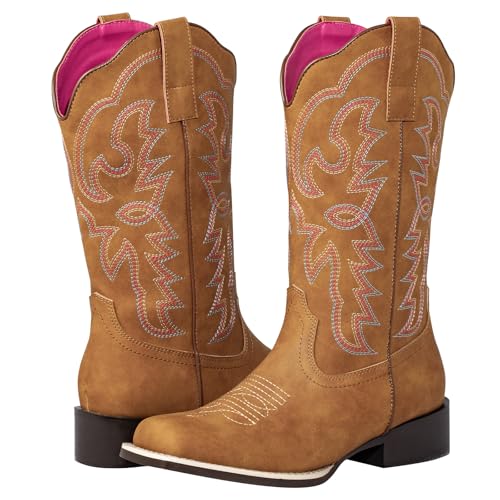 Image of SheSole Women's Fashion Wide Square Toe Western Cowgirl Cowboy Boots Mid Calf