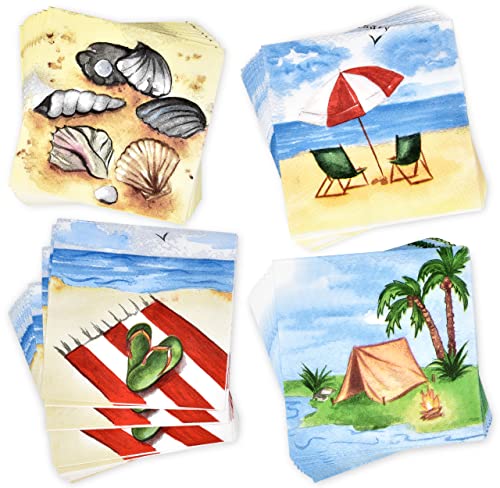 200 Watercolor Summer Beach Cocktail Napkins Disposable Paper Nautical Beaches Scene Beverage Napkin 4 Designs for Coastal Picnic Barbecue Wedding Birthday Party Bridal Shower Dinnerware Decor - Image 3
