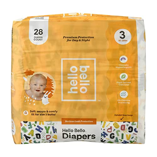 Image of Hello Bello Premium Baby Diapers Size 3, 27 Count of Disposable, Extra-Absorbent, and Hypoallergenic Baby Diapers with Snug and Comfort Fit, Alphabet Soup