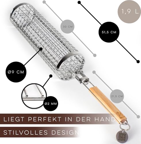 EdelKüche Premium Grillkorb (XXL) aus Edelstahl für Gemüse und Fleisch | Rund, Zylindrisch | Grillzubehör | super Geschenk