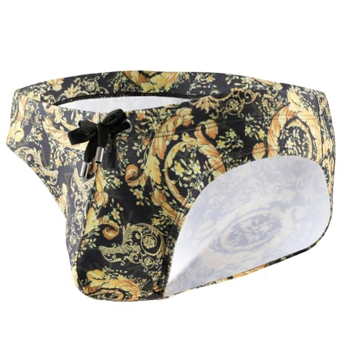 Arjen Kroos Men's Sexy Printed Swim Briefs Tagless Bikini Pattern Swimwear with Drawstrings,GOLD-AK4009-NEW,Large