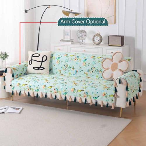 Image of HOKIPO Printed Holland Velvet Sofa Cover with Tassels for 3 Seater Sofa | Full Protection for Sofa Seat and Back | 'Whispers of Nature' (160x175 cm), Mint Birdsong Blossom (IN-1127-D3)