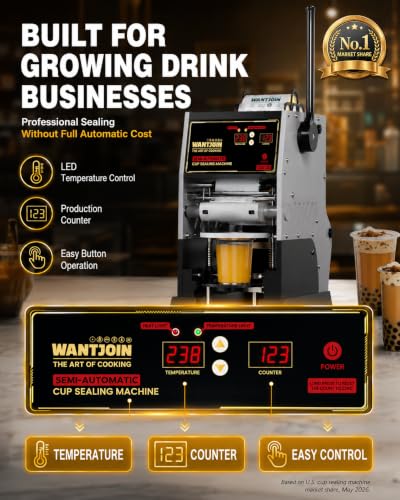 Image of WantJoin Cup Sealing Machine, Commercial Boba Sealer Machine for Bubble Milk Tea Coffee 2S Sealing Auto Film Alignment 90 /95mm LED Panel Temperature Control, Electric Semi Automatic Cup Sealer