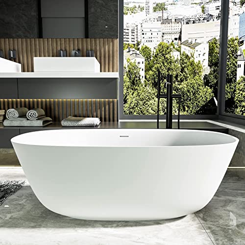 Cpingao 55" Stone Resin Solid Surface Freestanding Bathtub, Modern Elegant Design Soaking Stand Alone Tub, Matte White, Chrome Drain And Overflow Included 8823A-1400 #TOP8
