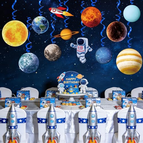 Image of Space Themed Party Decorations - 24 Pcs Outer Space Party Hanging Swirl Decor Solar System Planets Rocket Astronaut Ceiling Steamer for Space Themed Birthday Baby Shower Party Supplies