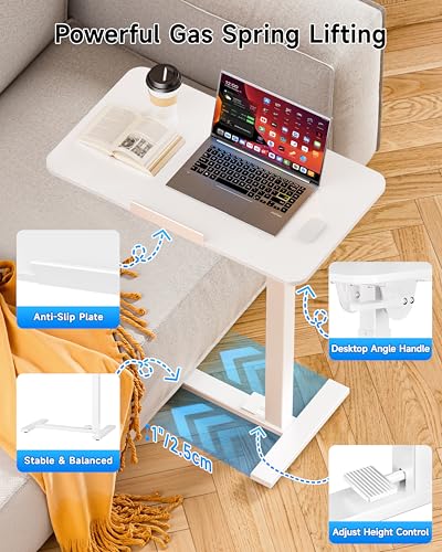Image of BIZUM Mobile Standing Desk Laptop Desk Pneumatic with Wheels 180 Tilt Top Hospital Bed Table Portable Rolling Cart Foldable Bedside Table for Hospital&Home Use, White