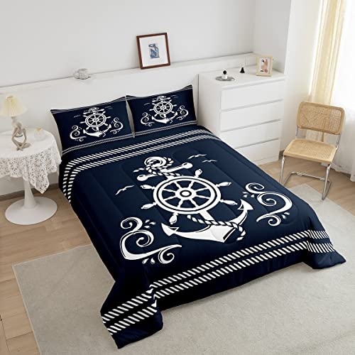 Erosebridal Nautical Anchor Bedding Set for Boys, Compass Adventure Comforter Set Coastal Compass Duvet Sets Ocean Sailboat Bedding Comforters for Kids Teens Adult Bedroom, Navy Blue(Queen Size) - Image 3