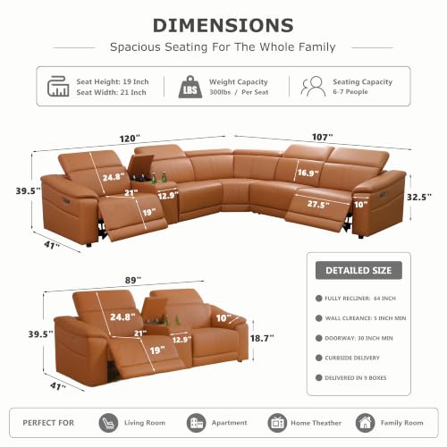 Image of Power Recliner Sectional Sofa, L-Shaped Living Room Furniture Set, Reclining Sectional Couch with Storage Console /Cup Holder for Living Room /House /Apt (Light Brown, Sectional+Loveseat)