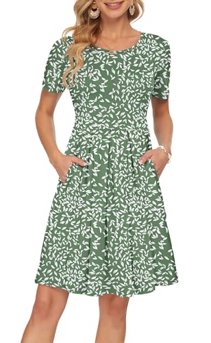 Image of AUSELILY Women's Short Sleeve Pleated Swing Summer Dress with Pockets | Knee-length short sleeve dress, empire waist & pockets, ideal for casual daily wear and vacation