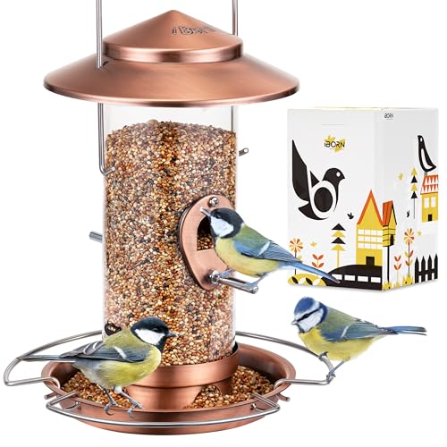 iBorn Bird Feeder Squirrel-Chew Proof Metal Hanging Birds Feeder Bird Feeders for Outdoors Hanging Outside for Cardinal 3 Perches with 2 Feeding Ports Brushed Copper (Seed is not Included)