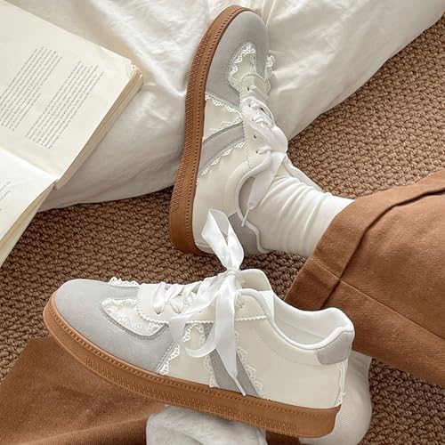 Ballet Sneakers for Woman Leather Trendy Lace Up Round Toe Ballerina Flats with Lace Detail Fancy Elegant Retro Ballet Shoes 2025 Spring Summer Daily Casual Streetwear3